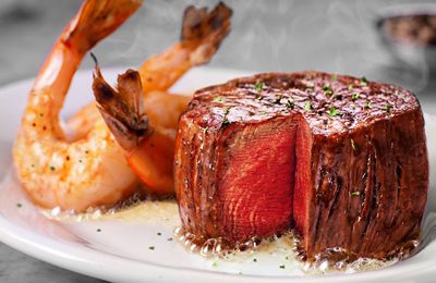 a thick filet mignon and large shrimp