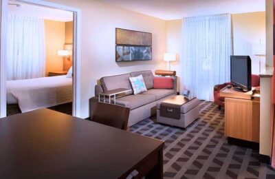 inside hotel room with couch