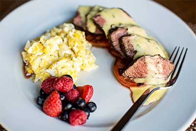 steak, eggs and fruit