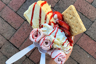 rolled ice cream with strawberries and cheesecake