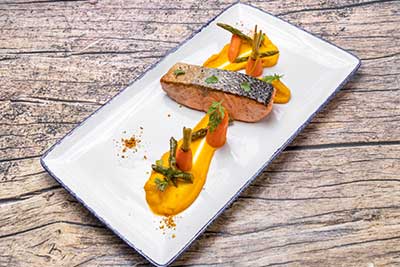 salmon with squash puree and veggies