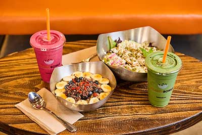 smoothies,acair bowl with fruit and salad