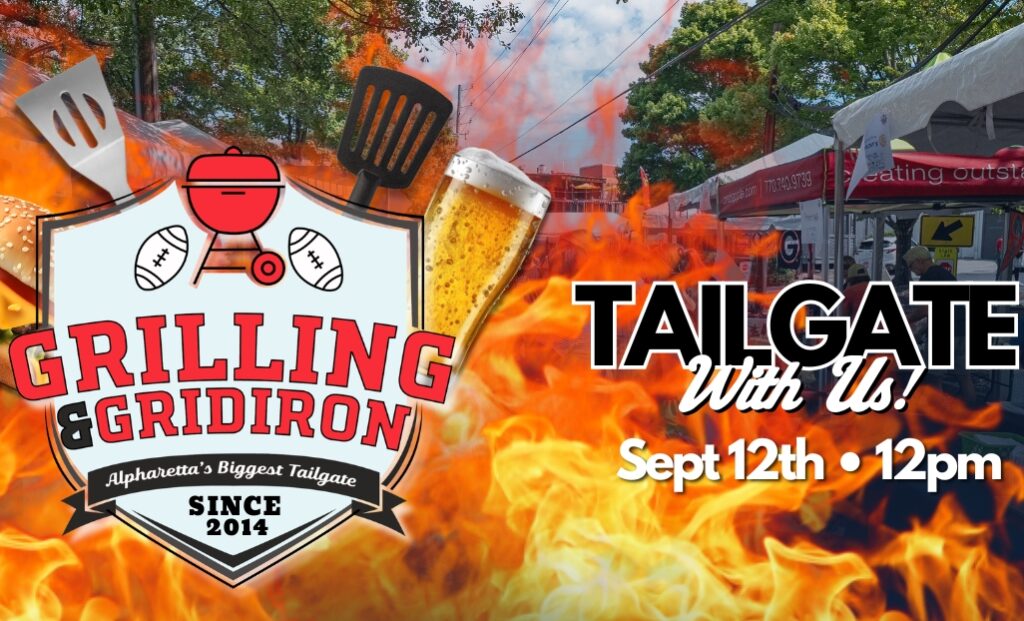 grilling and gridiron logo with flames and event information