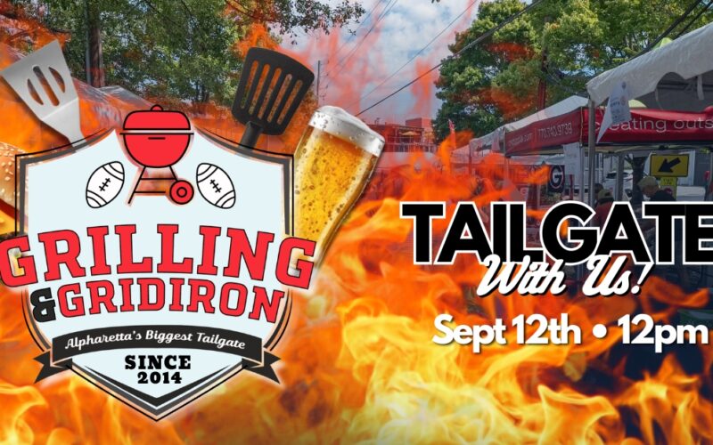 grilling and gridiron logo with flames and event information