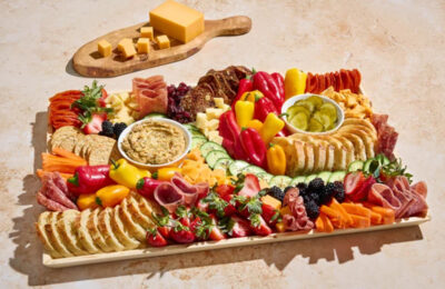 charcuterie board filled with goodies