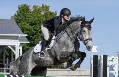 A woman on a horse performing a jump.